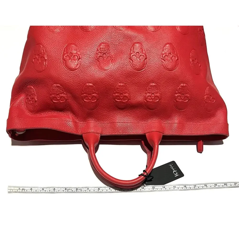 IO PELLE Italia Skull Embossed RED Leather Tote Bag XL Weekender Crossbody Strap